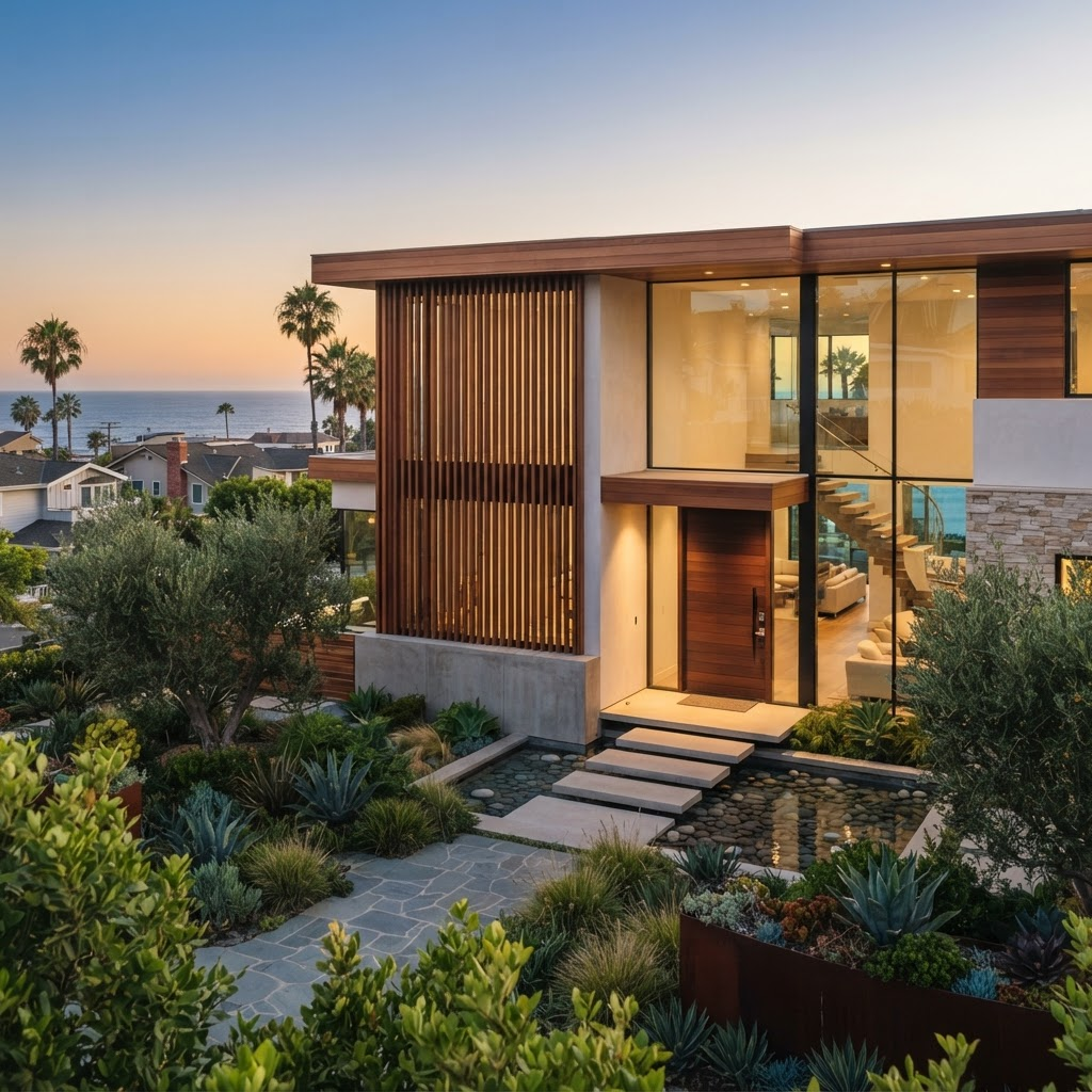 A luxury modern coastal home in Manhattan Beach at golden hour